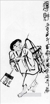 斉白石 Painting - 古い墨を熊手を持つ農民 斉白石